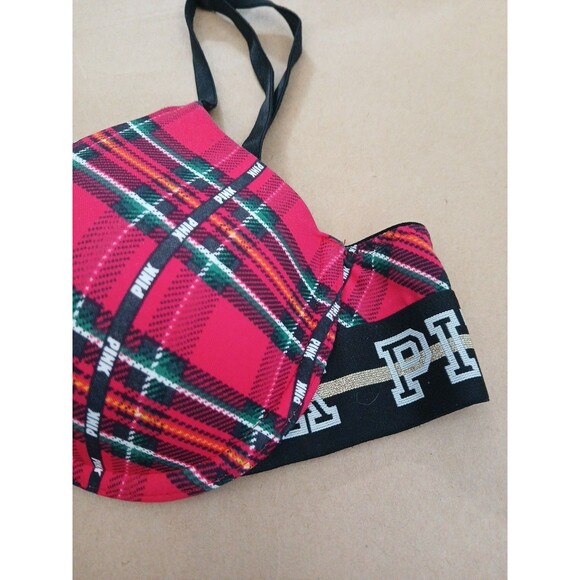 PINK Victoria's Secret Bra 34A Red Plaid Push Up Wear Everywhere Lightly Lined - Picture 2 of 5